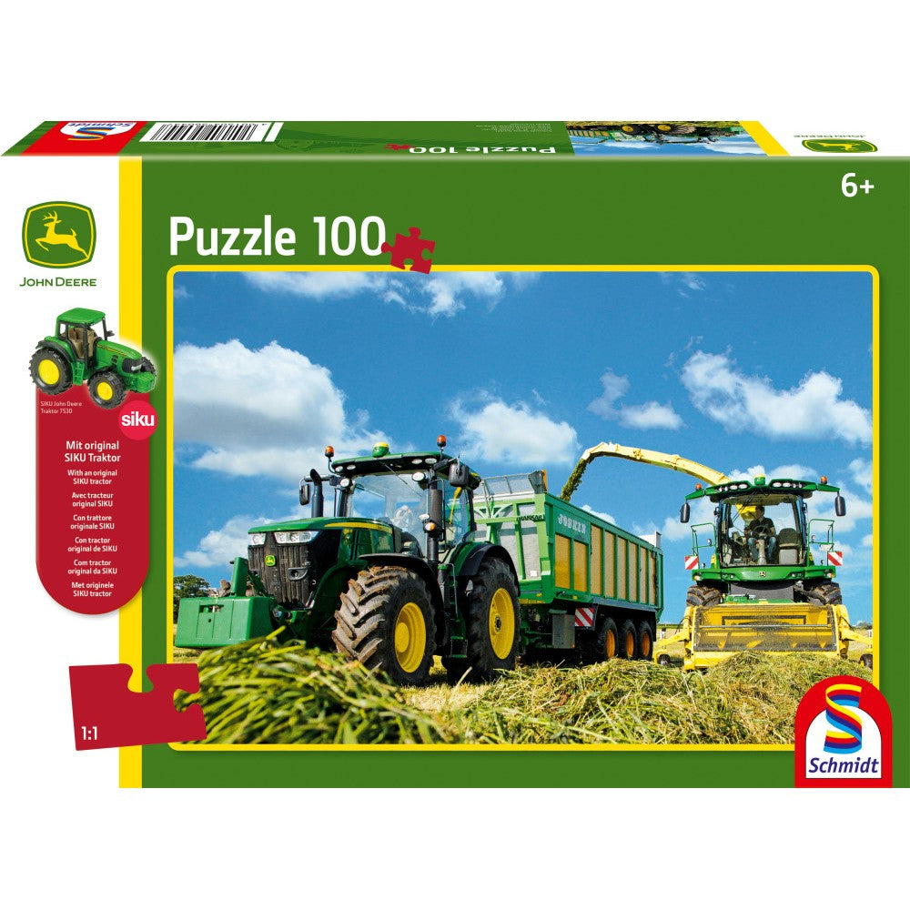 Puzzle Schmidt: John Deere - Tractor 7310R y cosechadora 8600i, 100 piezas + Regalo: Maqueta Siku