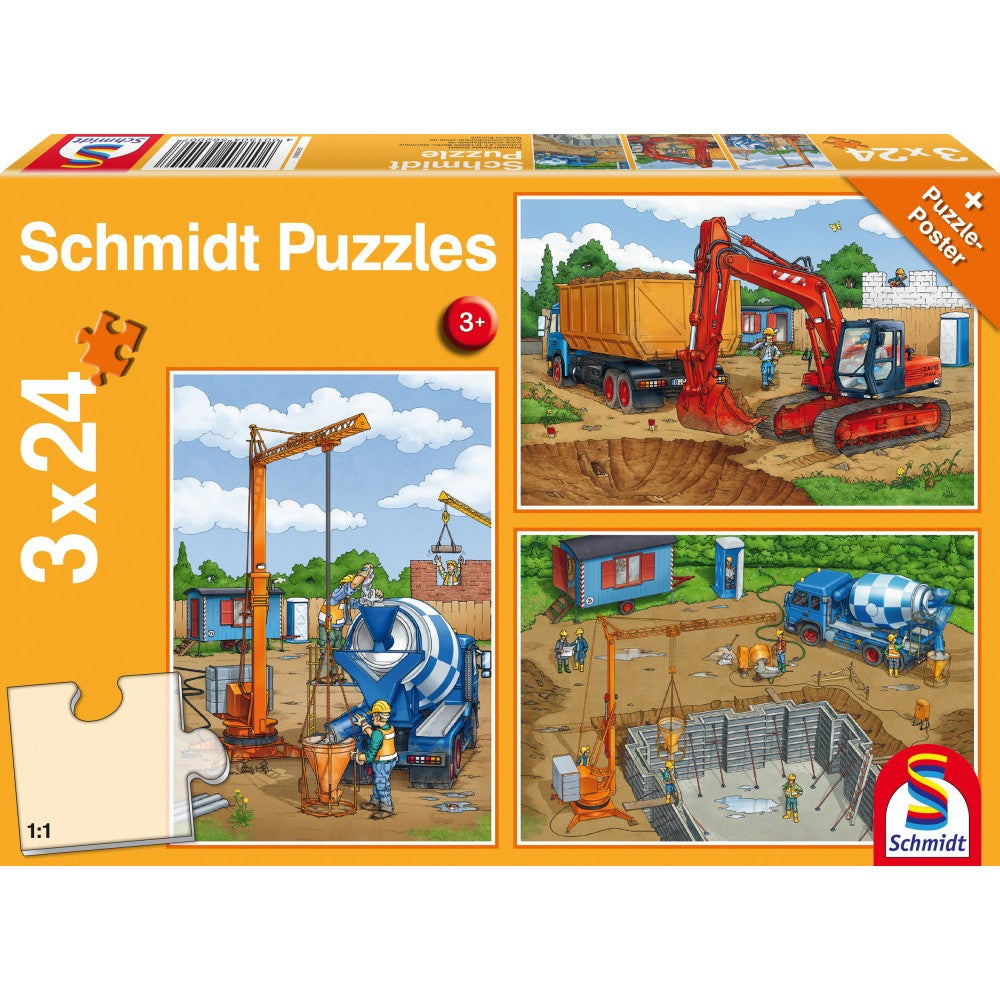 Schmidt puzzle: Építkezésen, 3 x 24 darabos készlet + Ajándék: plakát