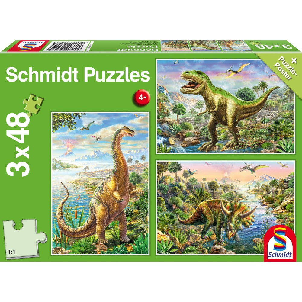 Puzzle Schmidt: Aventuras de dinosaurios, Set de 3 x 48 piezas + Regalo: póster