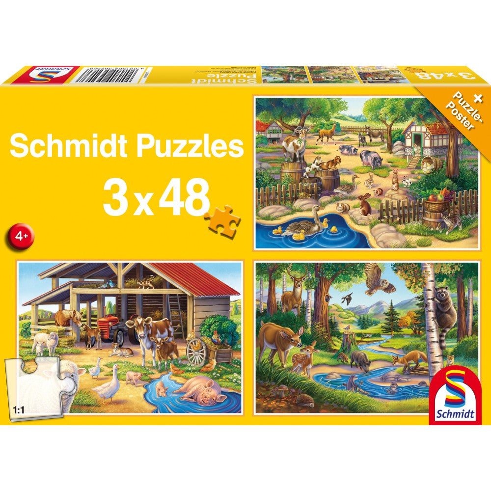 Puzzle Schmidt: Mis animales favoritos, Set de 3 x 48 piezas + Regalo: póster