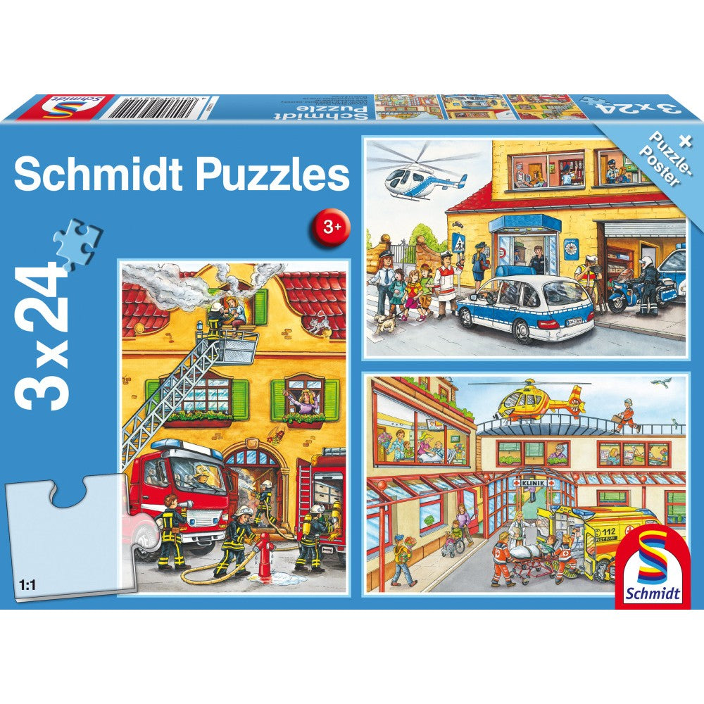 Puzzle Schmidt: Bomberos y policías, Set de 3 x 24 piezas + Regalo: póster