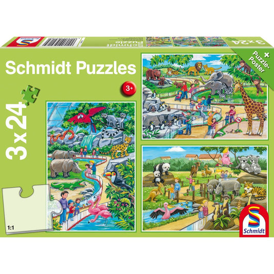 Puzzle Schmidt: Un día en el zoológico, Set de 3 x 24 piezas + Regalo: póster