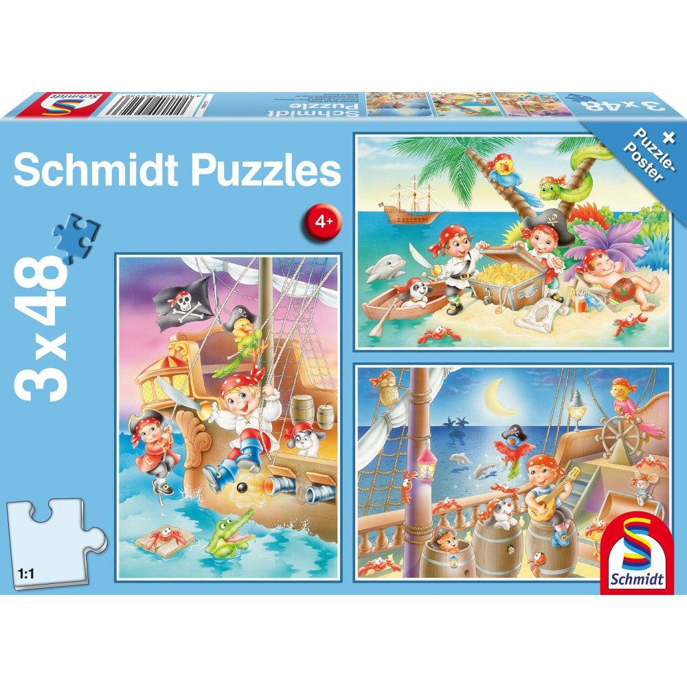 Puzzle Schmidt: Pandilla Pirata, Set de 3 x 48 piezas + Regalo: póster