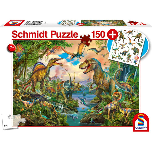 Puzzle Schmidt: Dinosaurios salvajes, 150 piezas + Regalo: tatuajes de dinosaurios