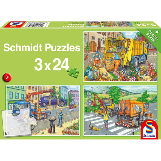 Puzzle Schmidt: Camión de basura, remolcador y barredora, Set de 3 x 24 piezas + Regalo: póster