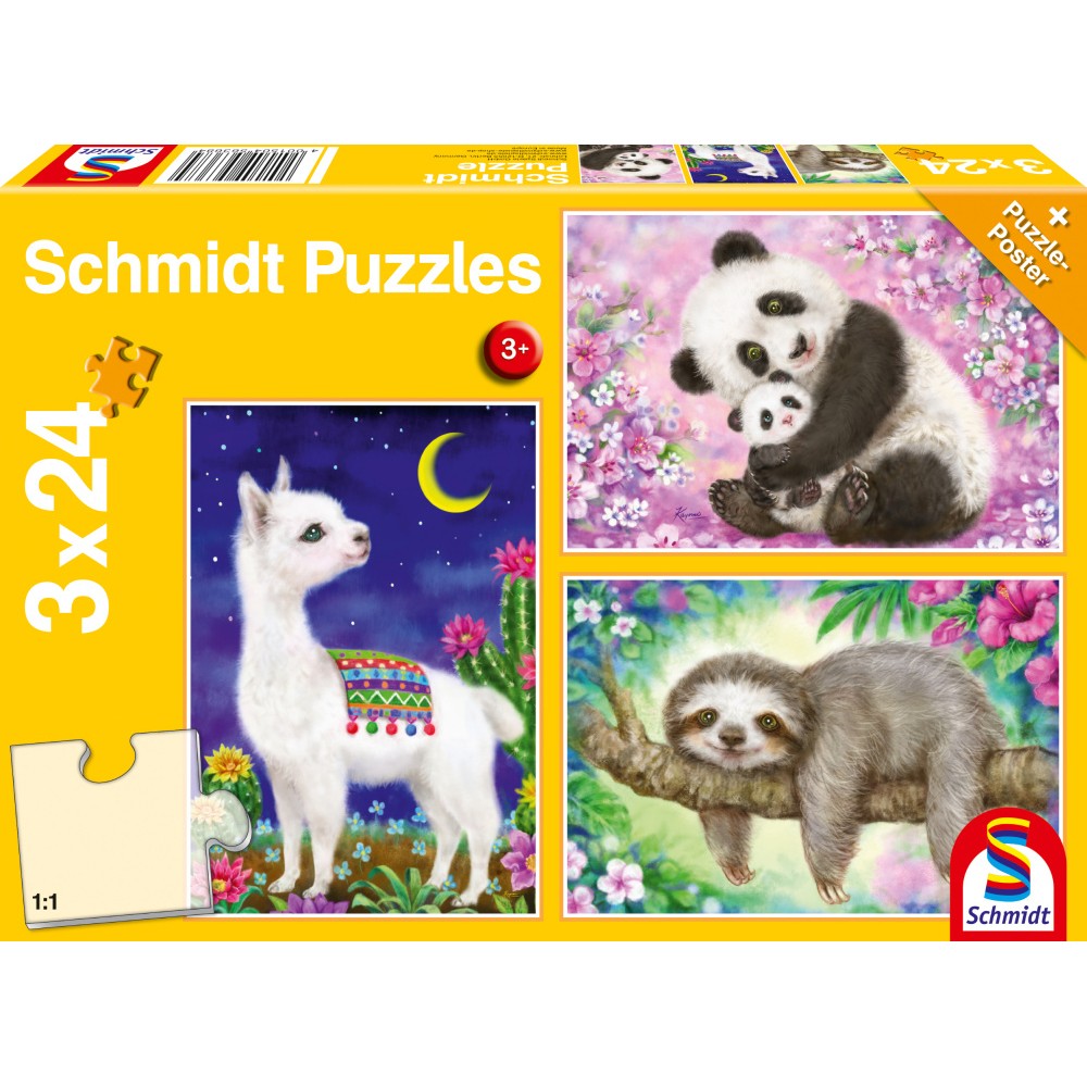 Puzzle Schmidt: panda, bradipo e lama, set da 3 x 24 pezzi + regalo: poster