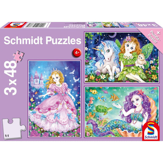 Puzzle Schmidt: Princesa, hada y sirena, Set de 3 x 48 piezas + Regalo: póster