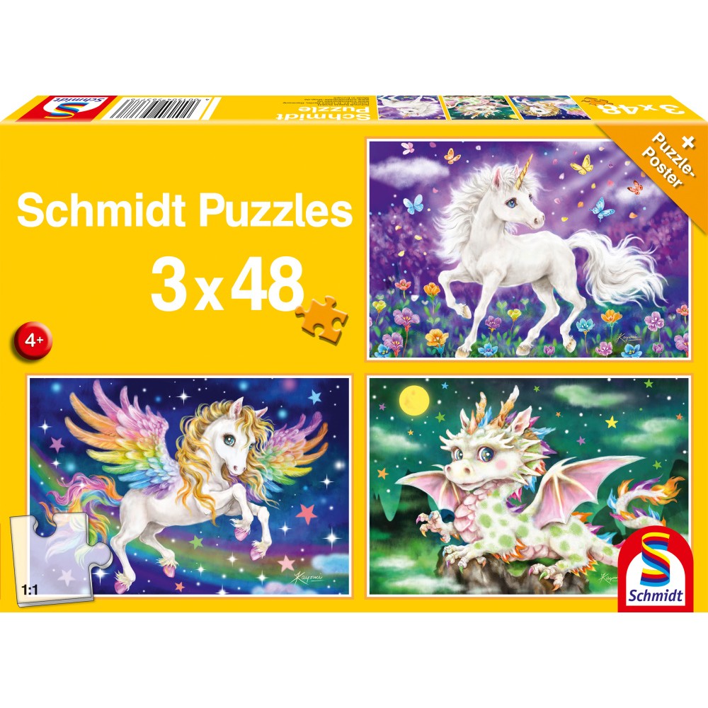 Puzzle Schmidt: Animales míticos, Set de 3 x 48 piezas + Regalo: póster