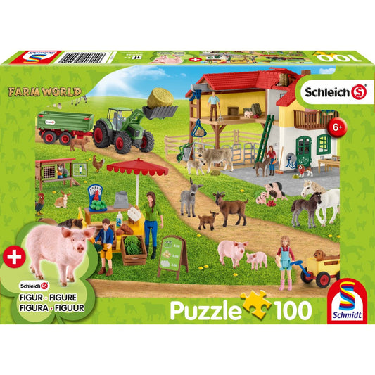 Puzzle Schmidt: Schleich - Farm World: Granja y mercado, 100 piezas + Regalo: figuras de animales