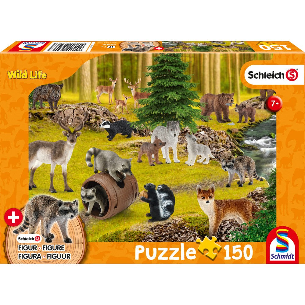 Puzzle Schmidt: Schleich - Vida Salvaje: La vida de los mapaches, 150 piezas + Regalo: figuras de animales