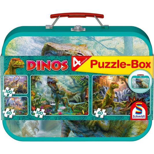 Puzzle Schmidt: Dinosaurios, Set de 2 x 60 piezas y 2 x 100 piezas + Bonus: cofre de metal