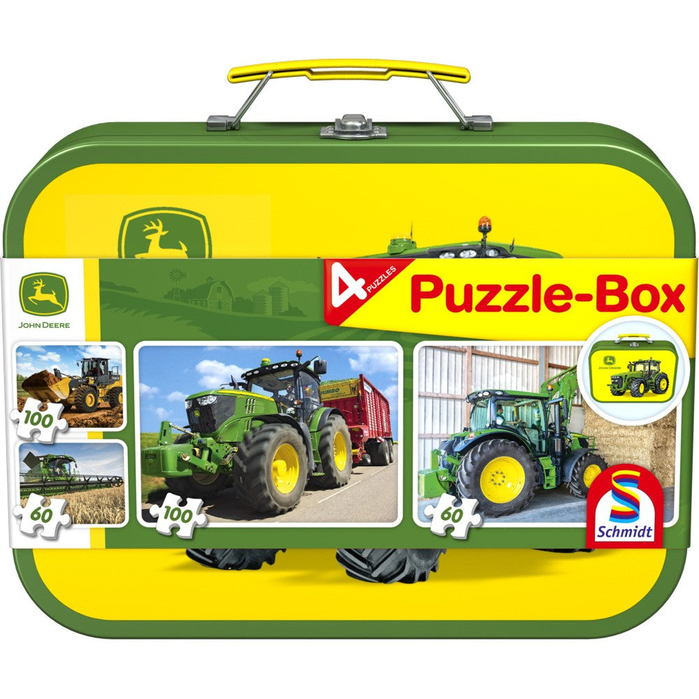 Puzzle Schmidt: John Deere - John Deere, Set de 2 x 60 piezas y 2 x 100 piezas + Bono: cofre de metal