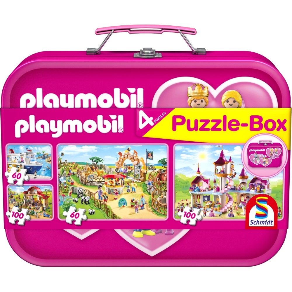 Puzzle Schmidt: Playmobil - Playmobil rosa, Set de 2 x 60 piezas y 2 x 100 piezas + Bono: cofre metálico