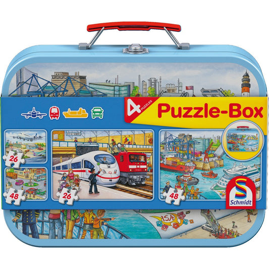 Puzzle Schmidt: Medio de transporte, Set de 2 x 26 piezas y 2 x 48 piezas + Bonus: cofre metálico