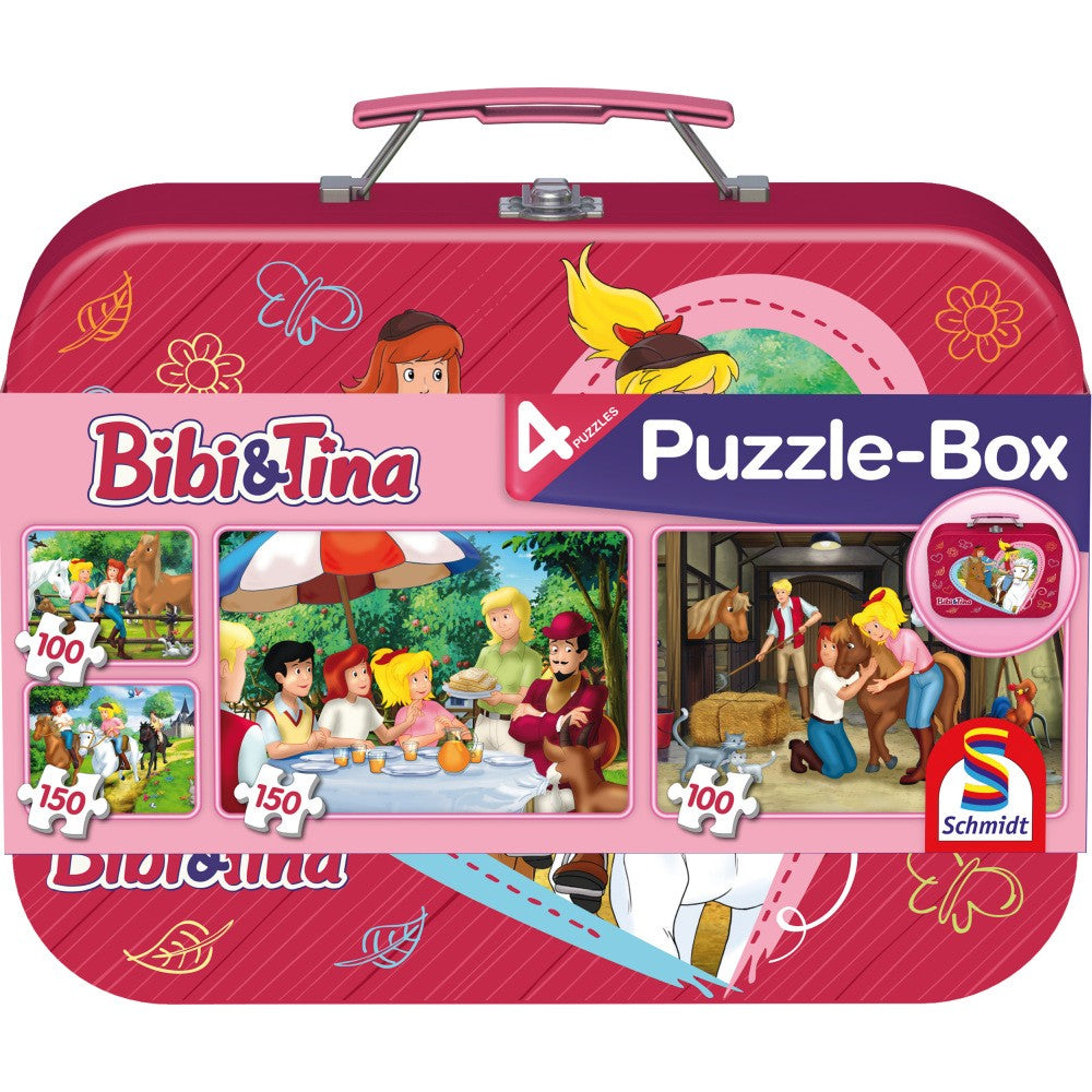 Puzzle Schmidt: Bibi &amp; Tina - Bibi &amp; Tina, Set de 2 x 100 piezas y 2 x 150 piezas + Bono: cofre de metal