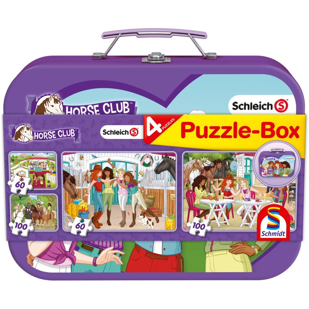 Puzzle Schmidt: Schleich - Horse Club, Set de 2 x 60 piezas y 2 x 100 piezas + Bono: cofre de metal