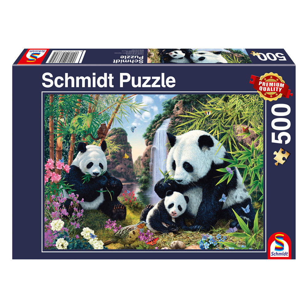 Puzzle Schmidt: La familia de los pandas en la cascada, 500 piezas