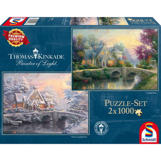 Puzzle Schmidt: Thomas Kinkade - Kinkade: Mansión a la luz del atardecer / Invierno en la mansión, Juego de 2*1000 piezas