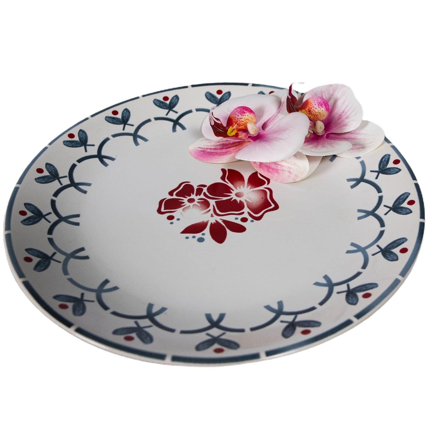 Flat plate with ribbon and red flowers, 26 cm, Pure White