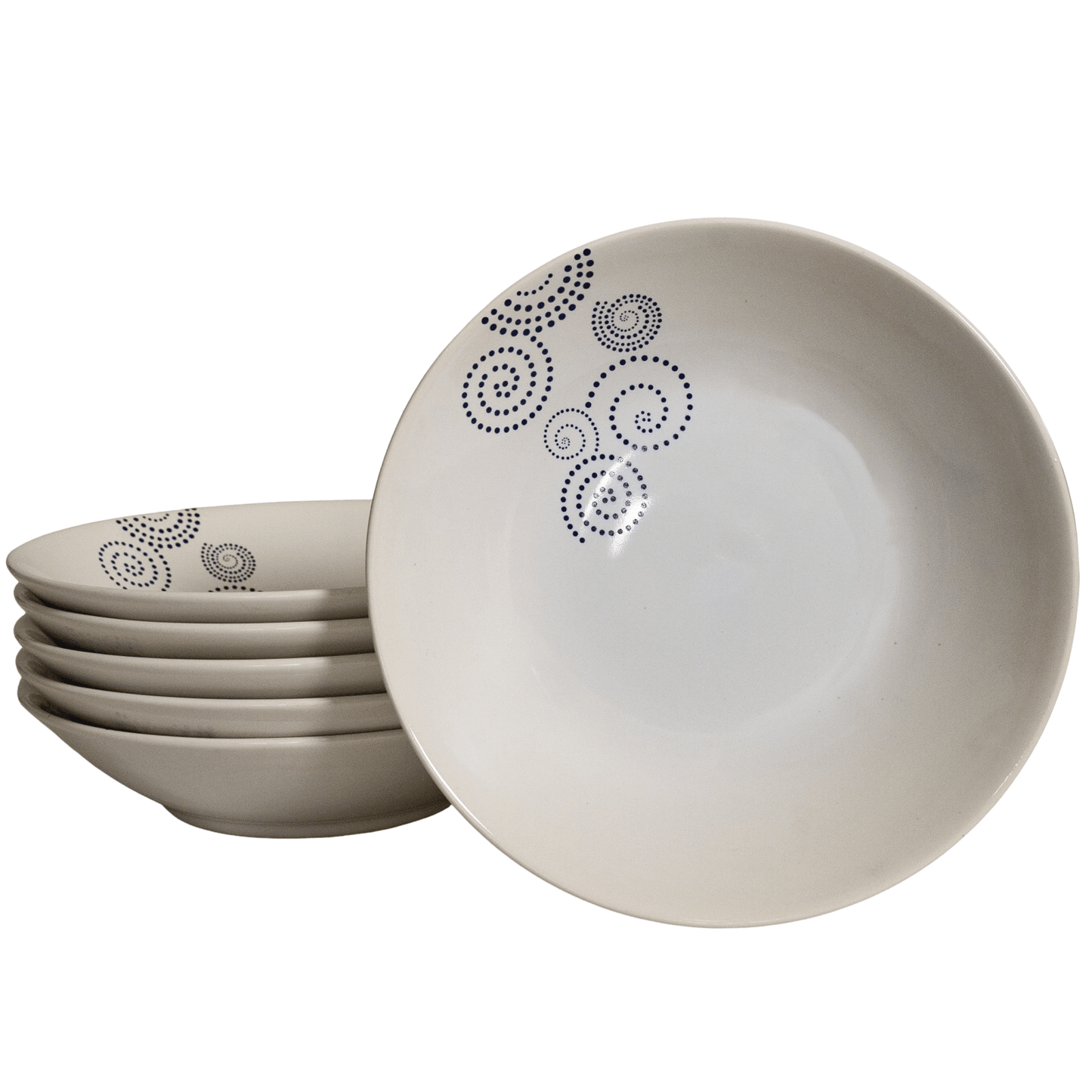 Set of 6 Arctic white deep plates with spiral black dots, 21 cm