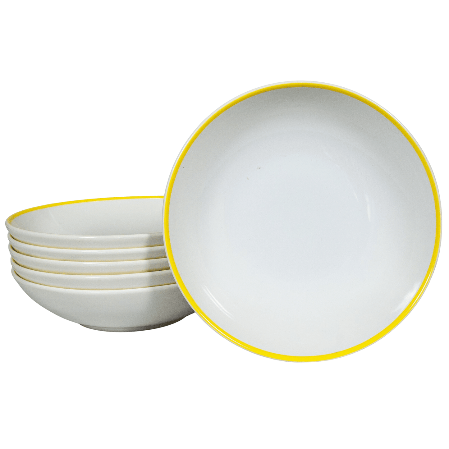 Set of 6 Arctic White deep plates with Yellow line on the edge