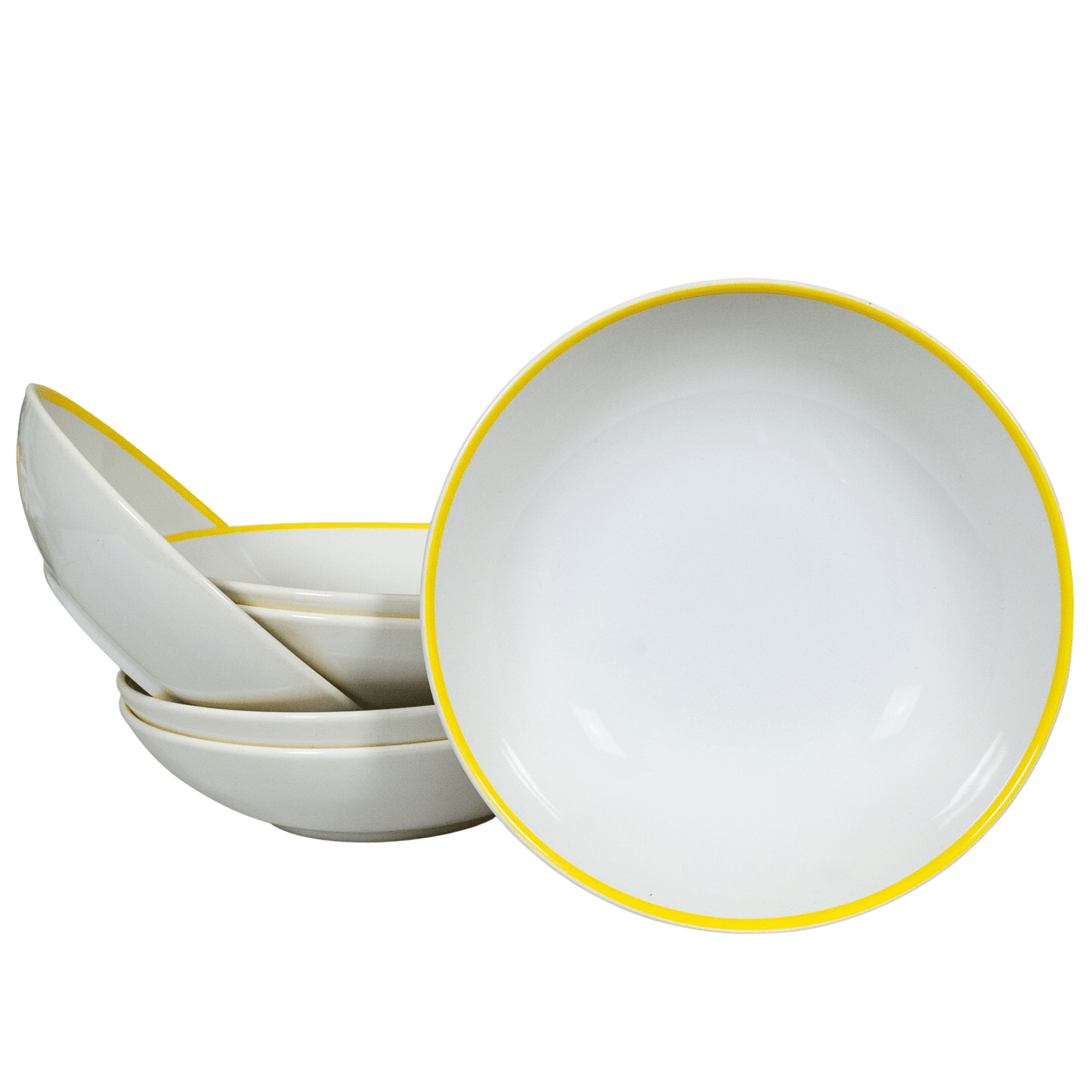 Set of 6 Arctic White deep plates with Yellow line on the edge