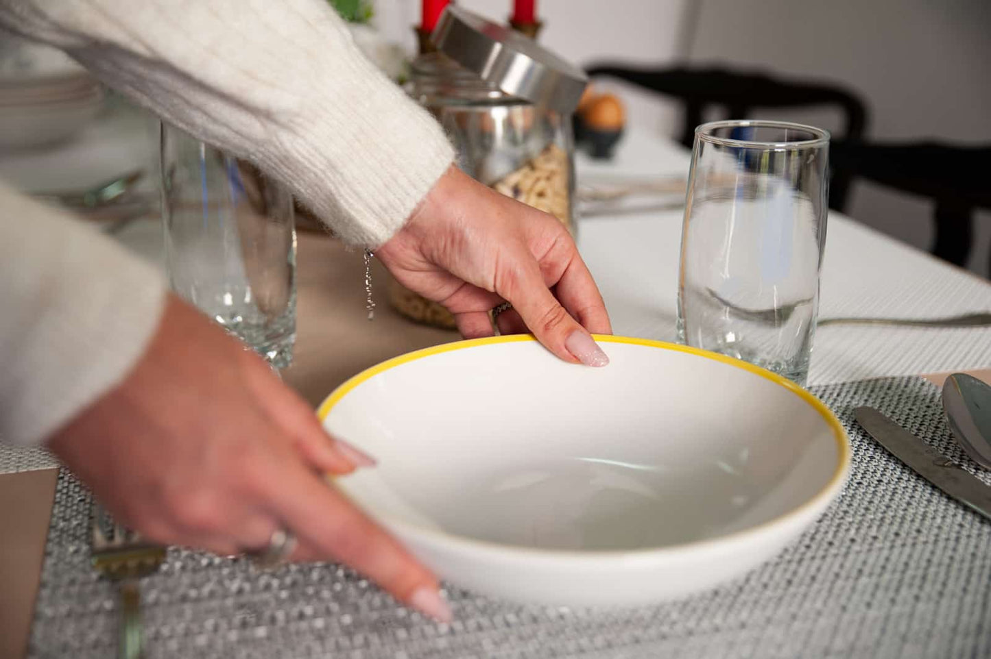 Set of 6 Arctic White deep plates with Yellow line on the edge