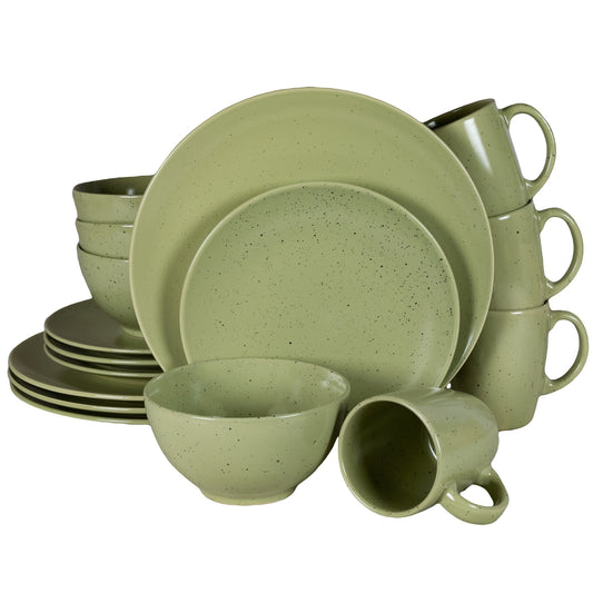 Set farfurii 16 piese, pentru 4 persoane, Sage, Cesiro, Verde Salvie Mat cu puncte negre