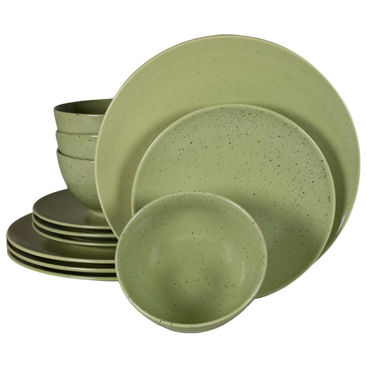 Plate set 12 pieces, for 4 people, Sage, Cesiro, Sage Green Matte with black dots