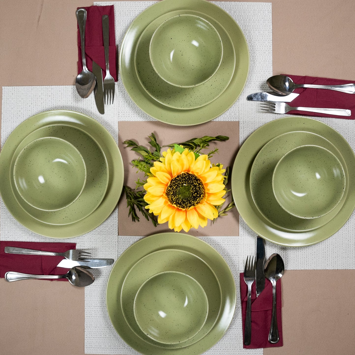 Plate set 12 pieces, for 4 people, Sage, Cesiro, Sage Green Matte with black dots