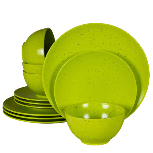 Plate set 12 pieces, for 4 people, Lime Juice, Cesiro, Matte Green with black dots