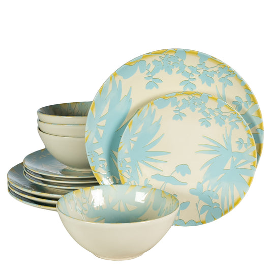 12-piece plate set, for 4 people, Hawaii, Cesiro, Ivory white with light blue leaves