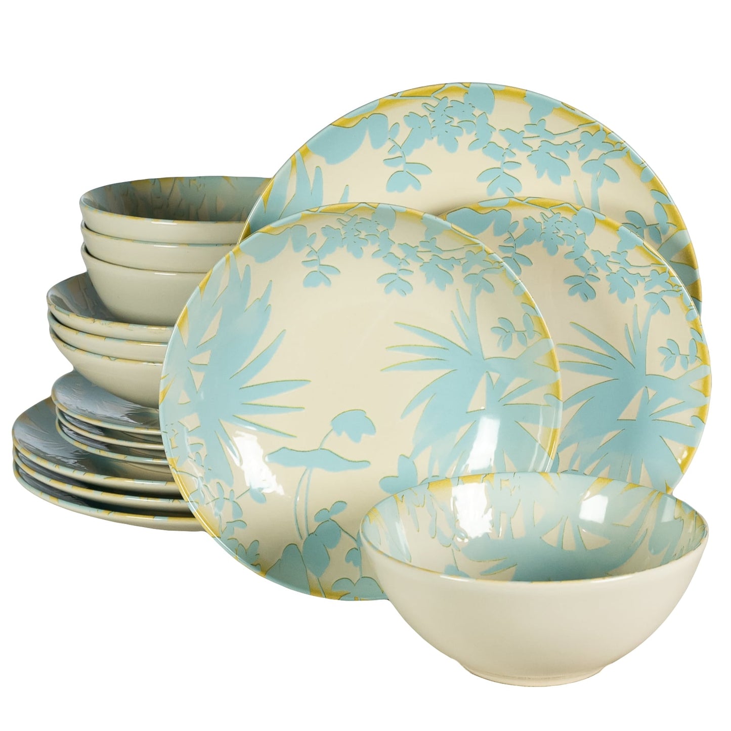 16-piece plate set, for 4 people, Hawaii, Cesiro, White Ivoire with light blue leaves