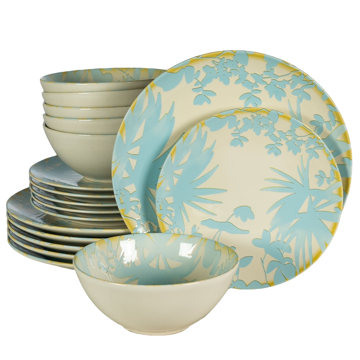 Set farfurii 18 piese, pentru 6 persoane, Hawaii, Cesiro, Ivory decorat cu frunze albastru deschis