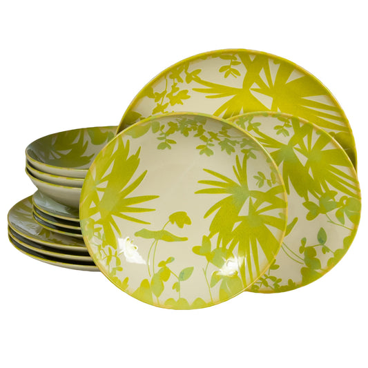 12-piece plate set for 4 people, Hawaii, Cesiro, White Ivoire with green-yellow leaves