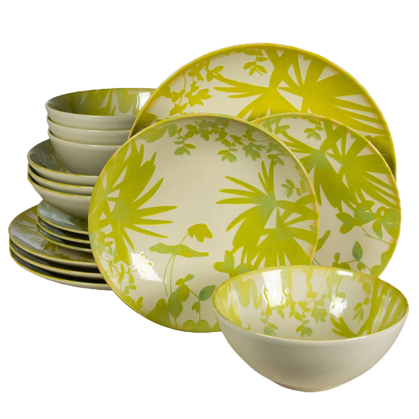 16-piece plate set, for 4 people, Hawaii, Cesiro, Ivory white with green-yellow leaves