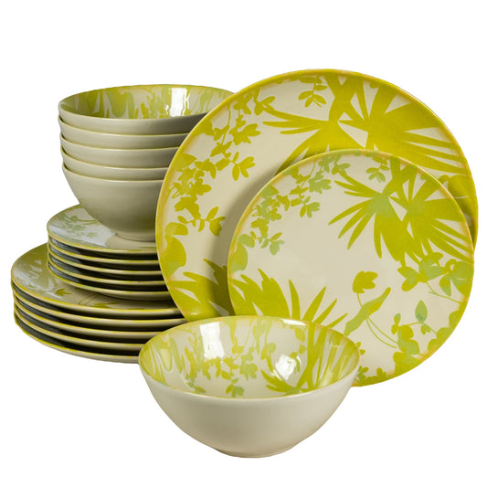 Set farfurii 18 piese, pentru 6 persoane, Hawaii, Cesiro, Ivory decorat cu frunze verde-galbui