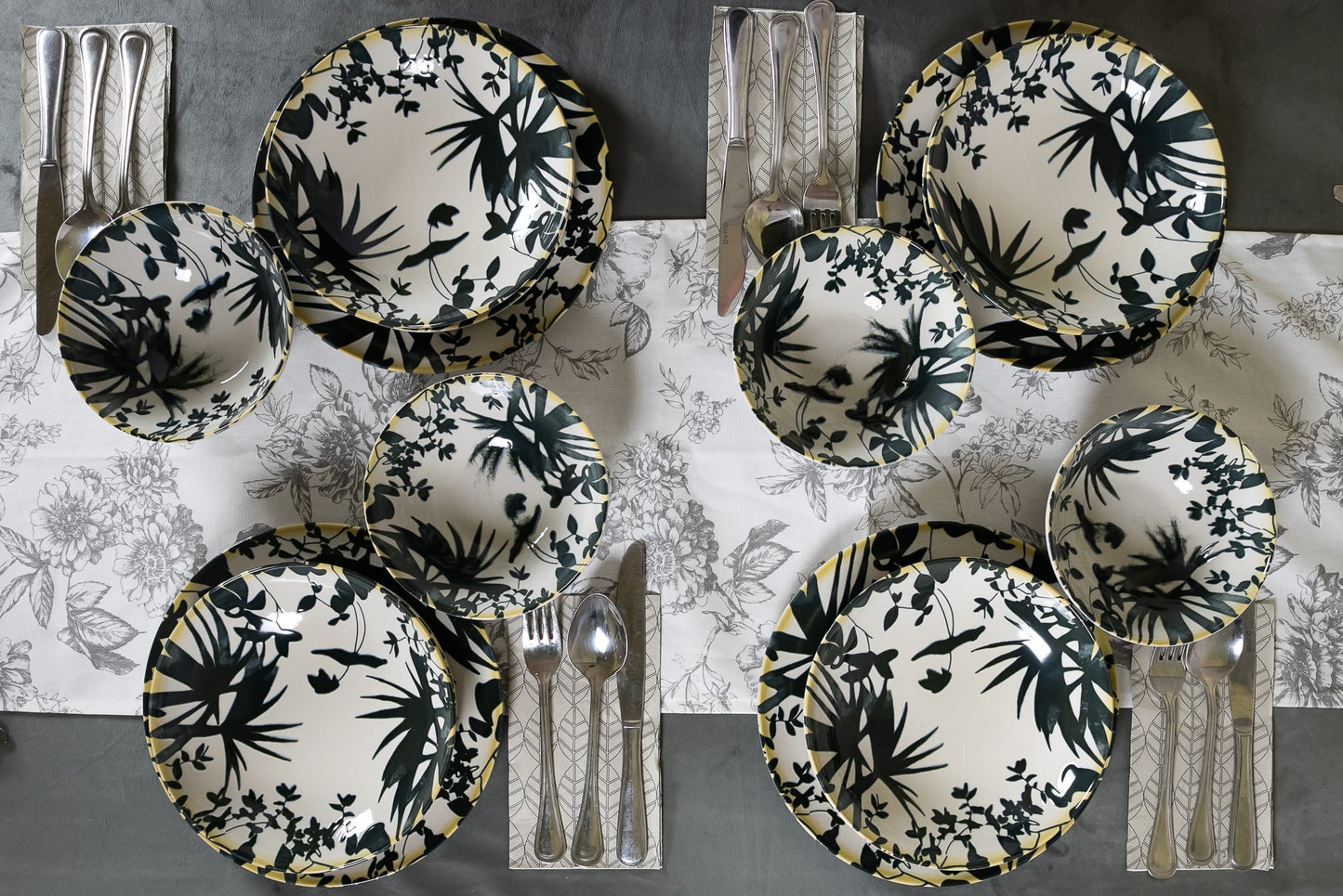 Plate set 16 pieces, for 4 people, Hawaii, Cesiro, Ivory white with black leaves