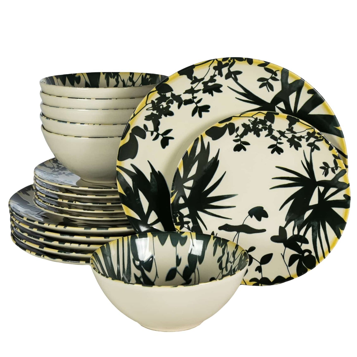 Set farfurii 18 piese, pentru 6 persoane, Hawaii, Cesiro, Ivory decorat cu frunze negre