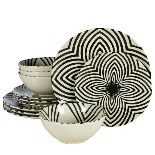 Plate set 12 pieces, for 4 people, Hypnosis, Cesiro, Ivory white decorated with black lines