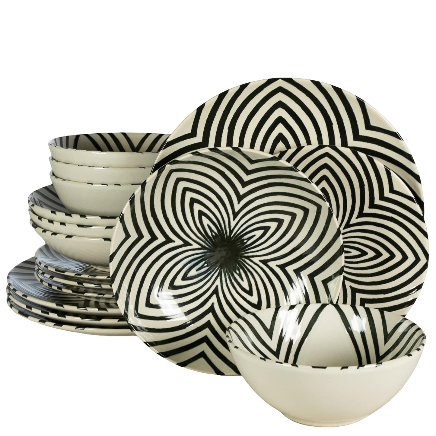 Plate set 16 pieces, for 4 people, Hypnosis, Cesiro, Ivory white with black lines