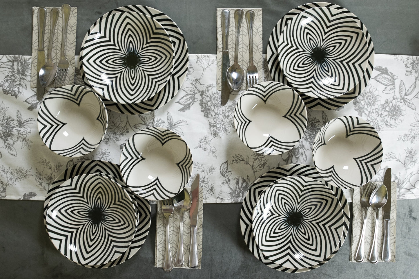 Plate set 16 pieces, for 4 people, Hypnosis, Cesiro, Ivory white with black lines