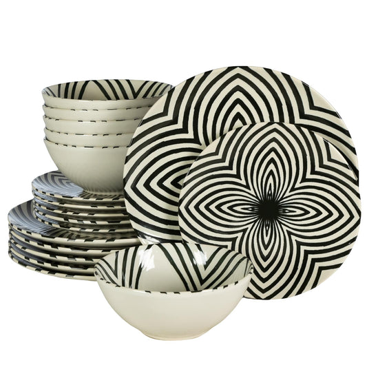 Plate set 12 pieces, for 4 people, Hypnosis, Cesiro, Ivory white with black lines