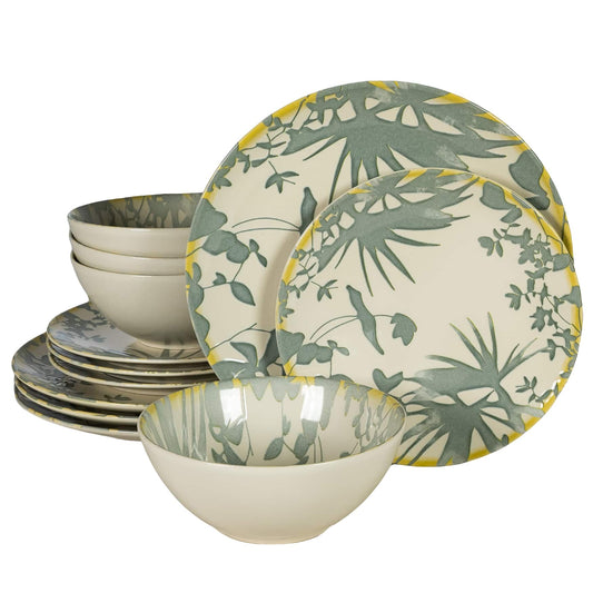 12-piece plate set, for 4 people, Hawaii, Cesiro, White Ivoire with gray leaves