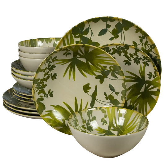 Plate set 16 pieces, for 4 people, Hawaii, Cesiro, Ivory white decorated with green leaves