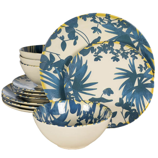 Plate set 12 pieces, for 4 people, Hawaii, Cesiro, Ivory white with dark blue leaves