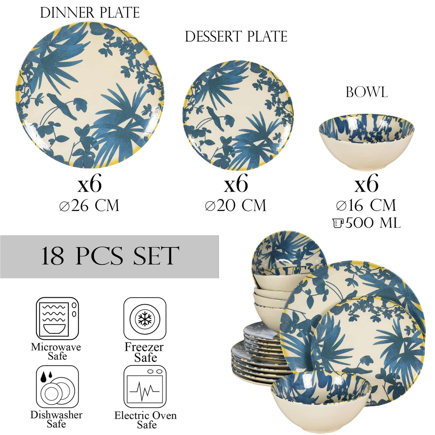 Set farfurii 18 piese, pentru 6 persoane, Hawaii, Cesiro, Alb Ivoire decorat cu frunze albastru inchis