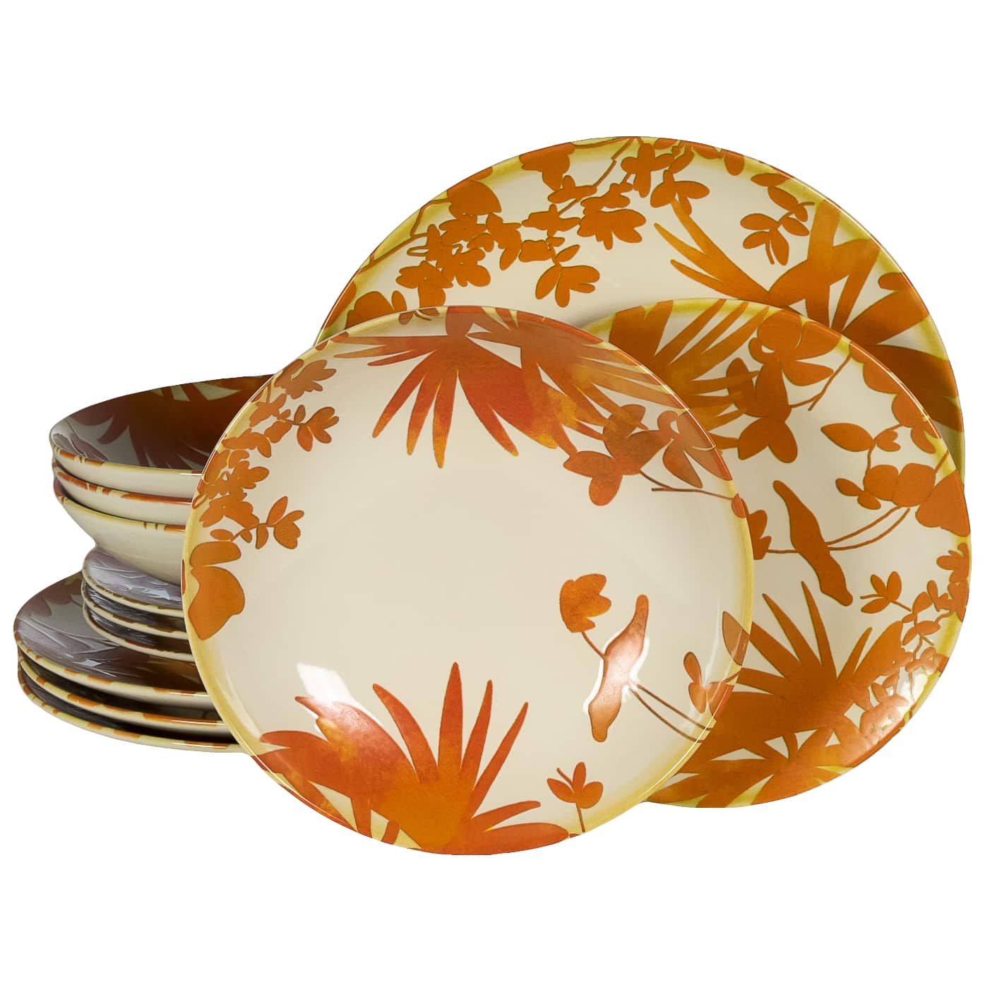 Plate set 12 pieces, for 4 people, Hawaii, Cesiro, Ivory white with orange leaves