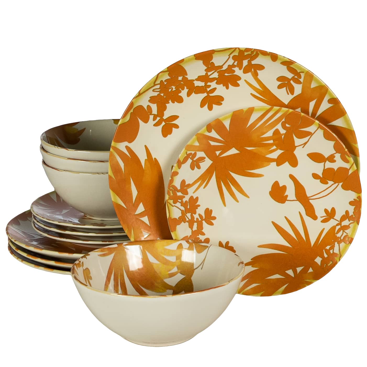 12-piece plate set, for 4 people, Hawaii, Cesiro, White Ivoire with orange leaves