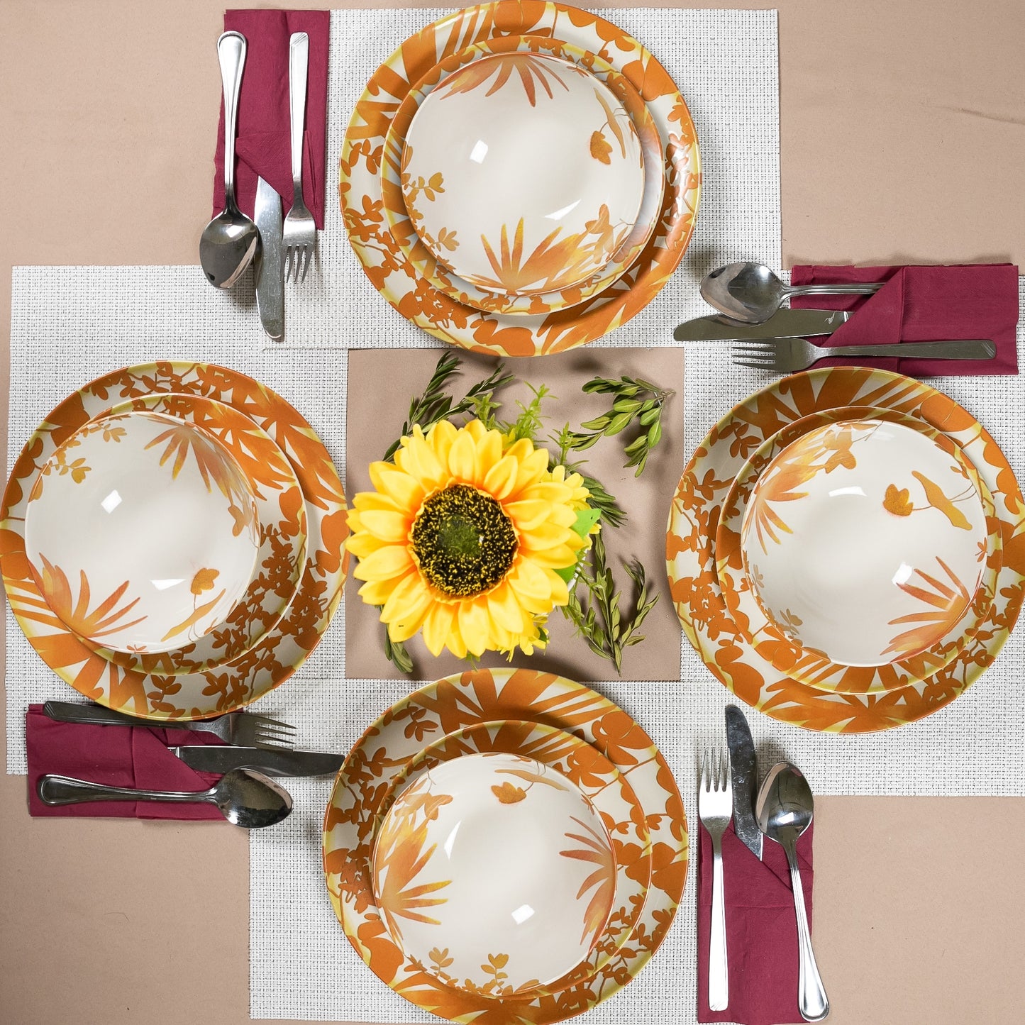 12-piece plate set, for 4 people, Hawaii, Cesiro, White Ivoire with orange leaves